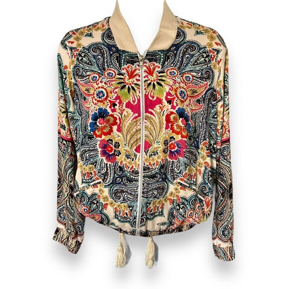 Angie Colorful Bohemian Paisly Print Bomber Jacket floral bright cream pink blue - Picture 1 of 9